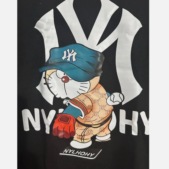 Black Graphic T-Shirt with Cartoon Cat and NY Design – Unisex Streetwear Tee - Picture 6 of 6